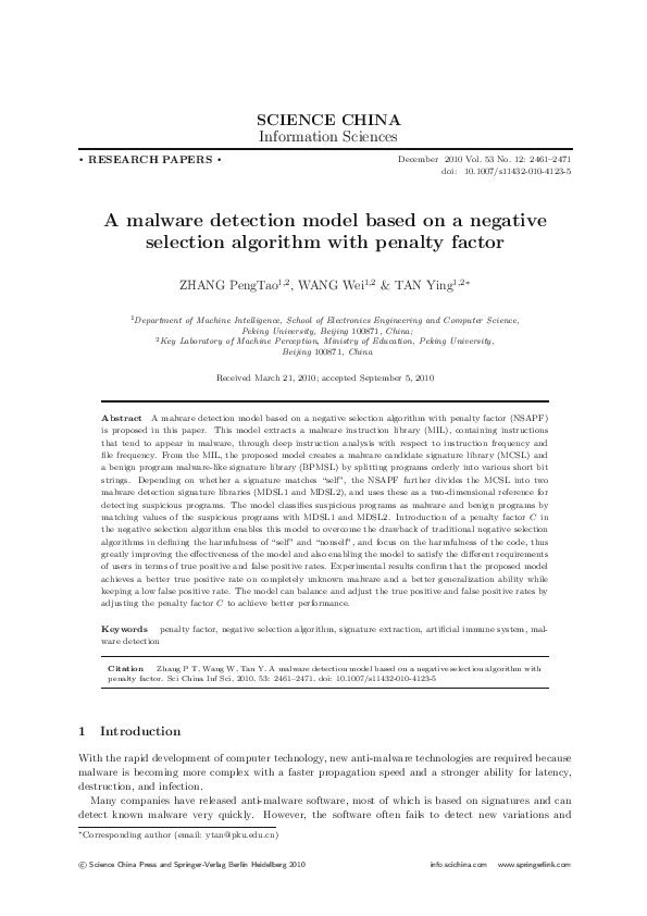 (PDF) A malware detection model based on a negative selection algorithm ...