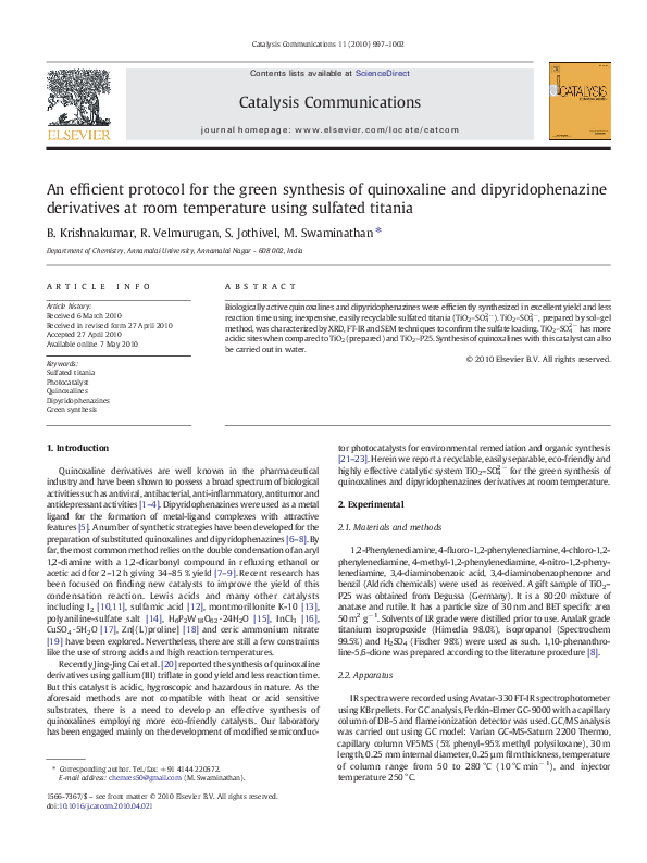 (PDF) An efficient protocol for the green synthesis of quinoxaline and ...