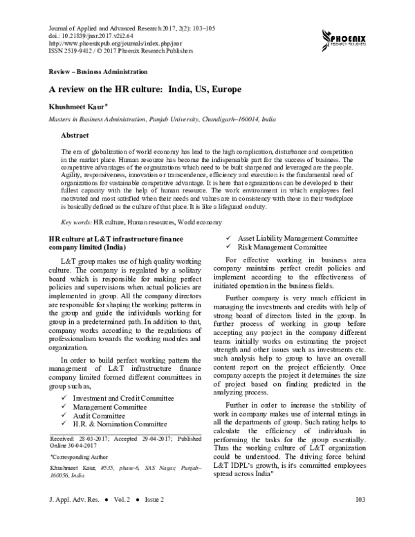 (PDF) A review on the HR culture: India, US, Europe