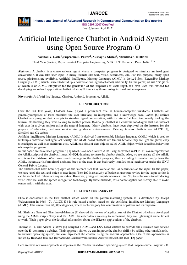 (PDF) Artificial Intelligence Chatbot in Android System using Open ...