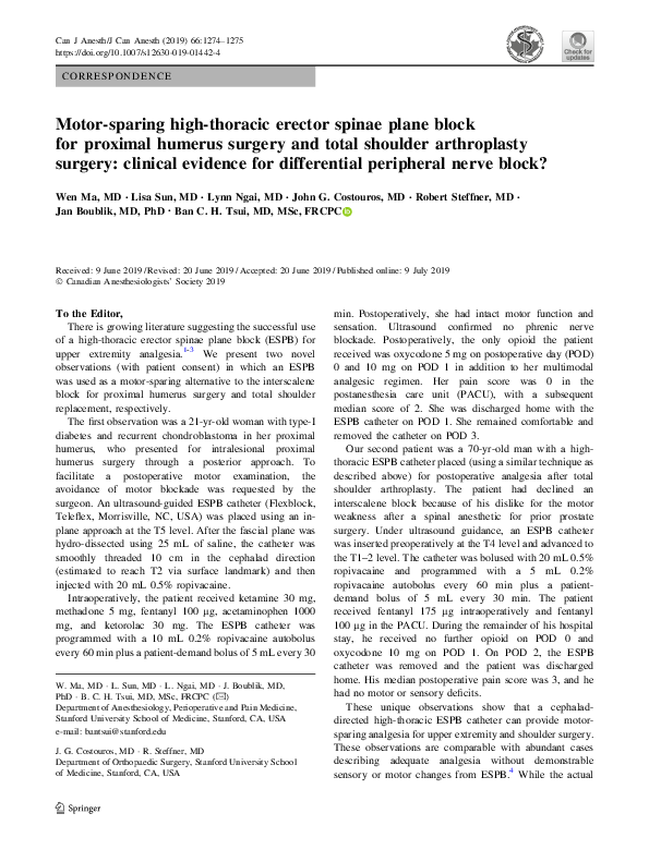 (PDF) Motor-sparing high-thoracic erector spinae plane block for ...