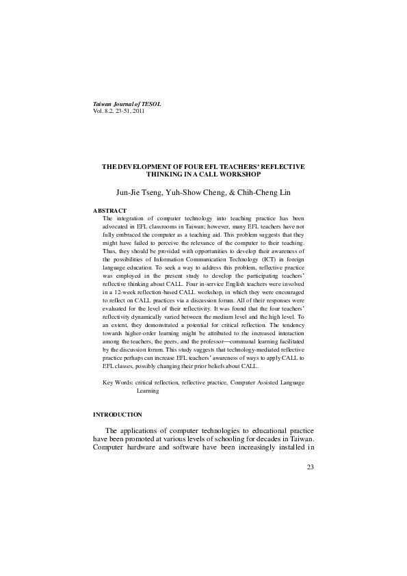 (PDF) The Development of Four EFL Teachers' Reflective Thinking in a ...