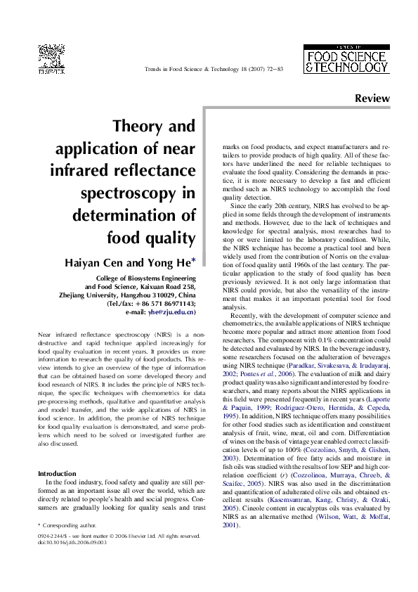 (PDF) Theory and application of near infrared reflectance spectroscopy ...
