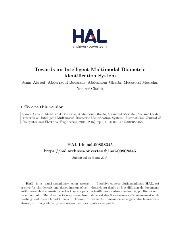 (PDF) Towards an Intelligent Multimodal Biometric Identification System Youssef Chahir