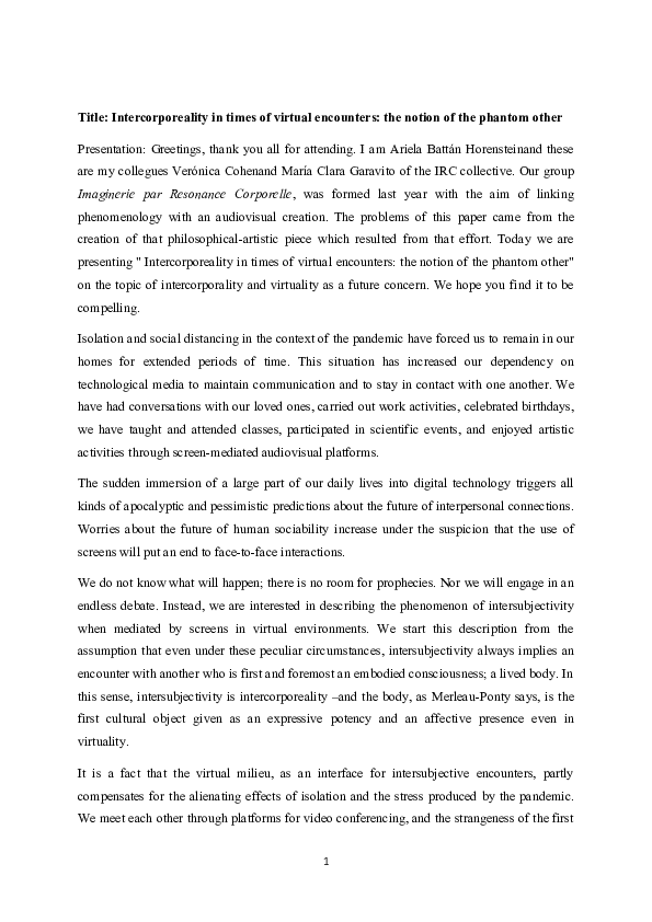 (DOC) Intercorporeality in times of virtual encounters: the notion of ...