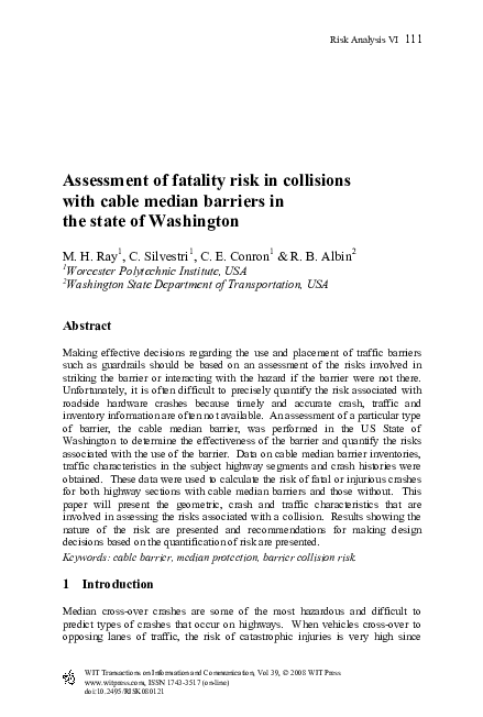(PDF) Assessment of fatality risk in collisions with cable median ...