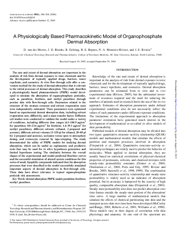 (PDF) A Physiologically Based Pharmacokinetic Model of Organophosphate ...