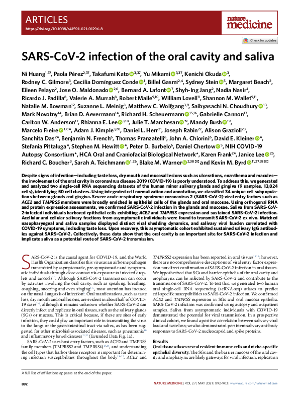 (PDF) SARS-CoV-2 infection of the oral cavity and saliva