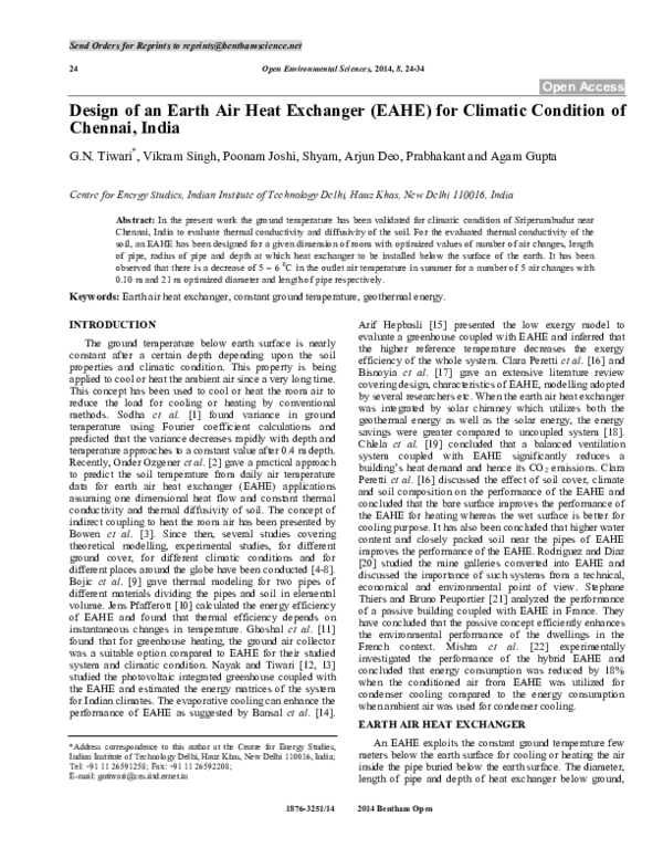 (PDF) Design of an Earth Air Heat Exchanger (EAHE) for Climatic ...