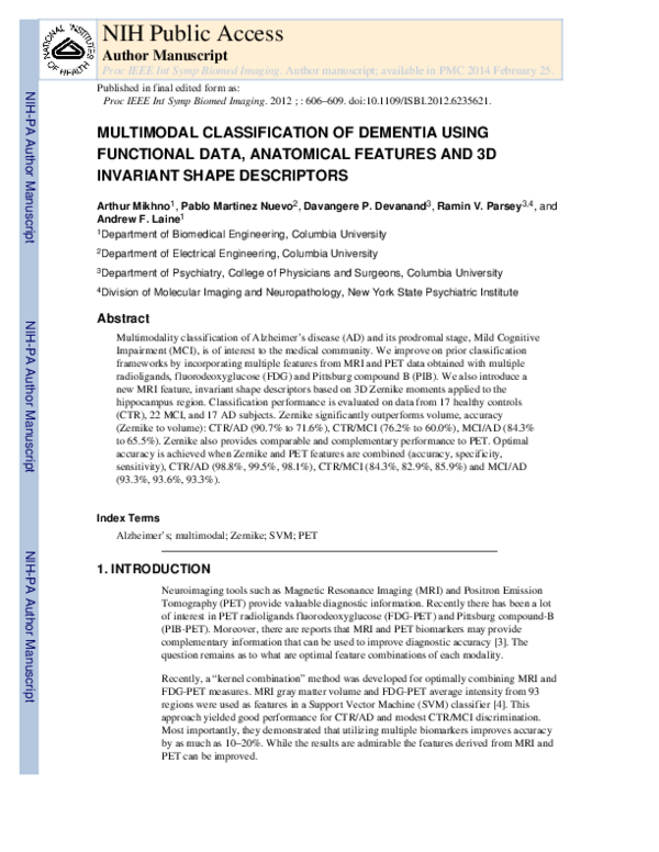 (PDF) Multimodal classification of Dementia using functional data ...