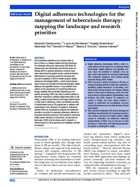 (PDF) Digital adherence technologies for the management of tuberculosis ...