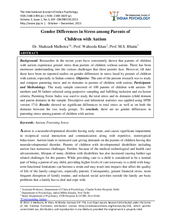 (PDF) Gender Differences in Stress among Parents of Children with Autism