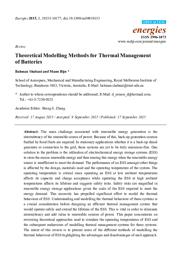 (PDF) Theoretical Modelling Methods for Thermal Management of Batteries