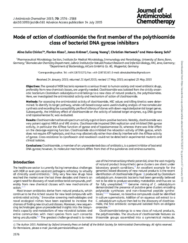 (PDF) Mode of action of closthioamide: the first member of the ...
