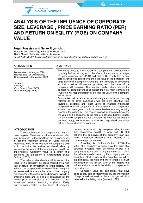 (PDF) Analysis Of The Influence Of Corporate Size, Leverage , Price ...