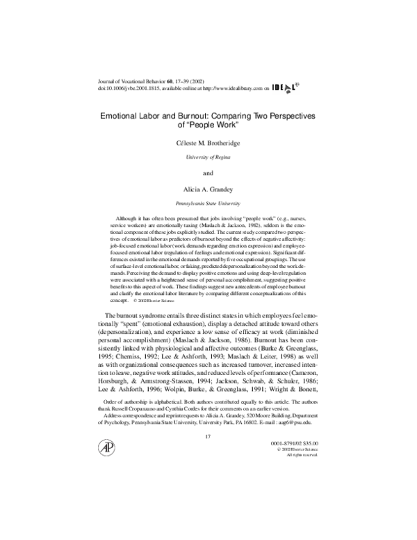 (PDF) Emotional Labor and Burnout: Comparing Two Perspectives of