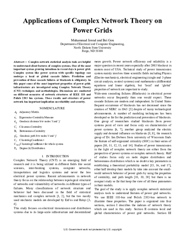 (PDF) Applications of complex network theory on power grids