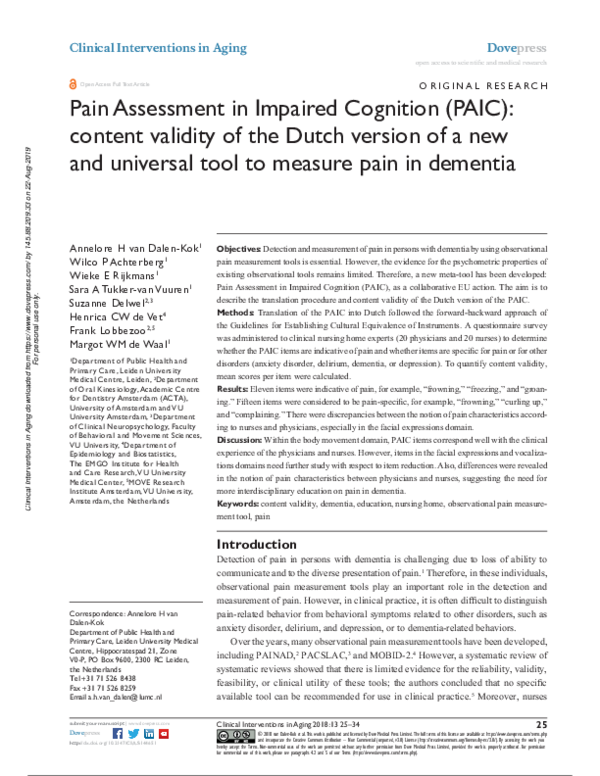 (PDF) Pain Assessment in Impaired Cognition (PAIC): content validity of ...