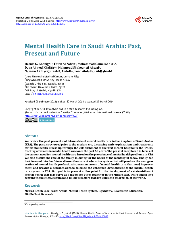 (PDF) Mental Health Care in Saudi Arabia: Past, Present and Future