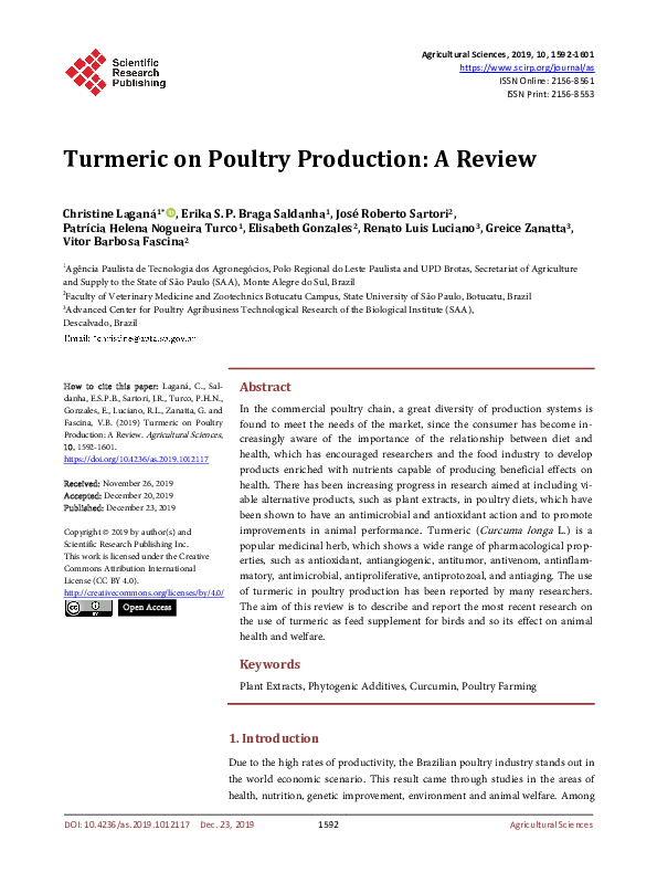 (PDF) Turmeric on Poultry Production A Review christine Laganá
