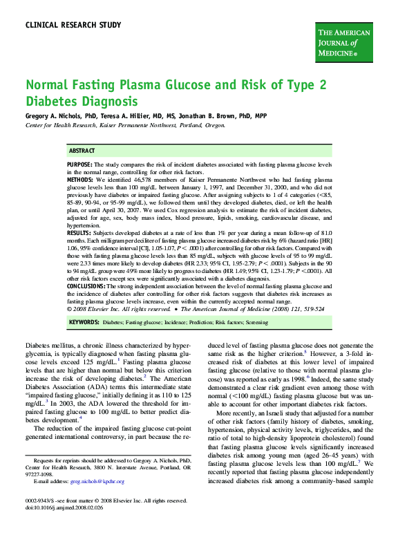 (PDF) Normal Fasting Plasma Glucose and Risk of Type 2 Diabetes Diagnosis