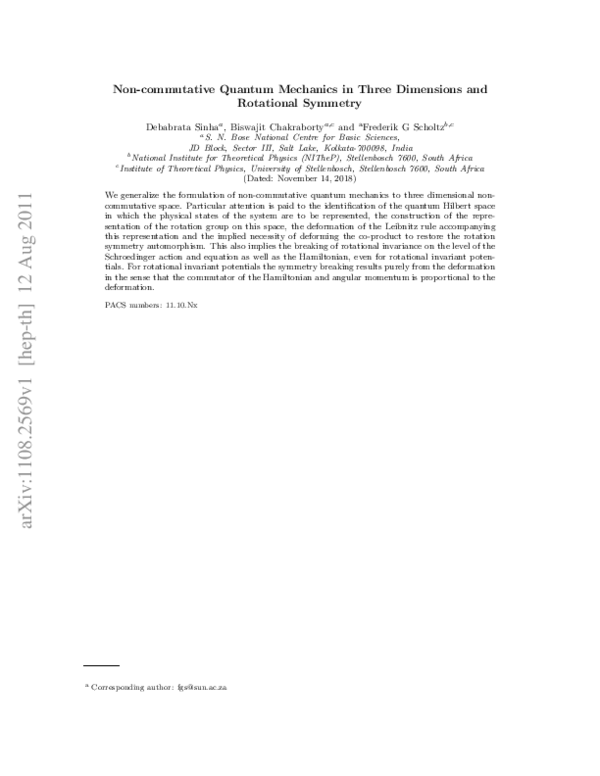 (PDF) Non-commutative quantum mechanics in three dimensions and ...