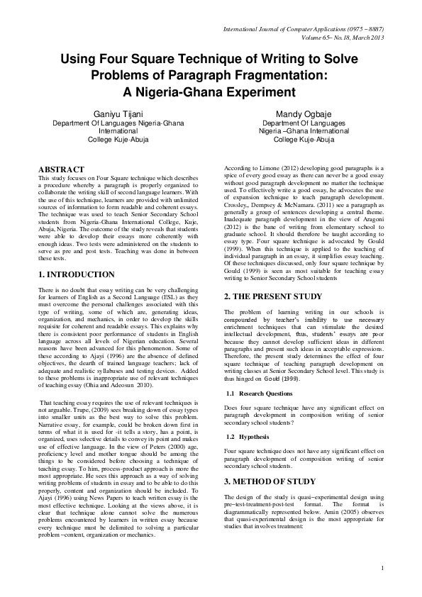 (PDF) Using Four Square Technique of Writing to Solve Problems of ...