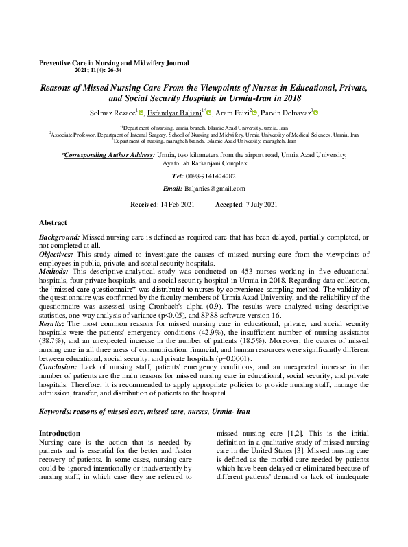 (PDF) Reasons of Missed Nursing Care From the Viewpoints of Nurses in ...
