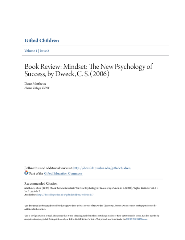 The New Psychology Of Success Pdf (PDF) Book Review: Mindset: The New Psychology of Success, by Dweck, C