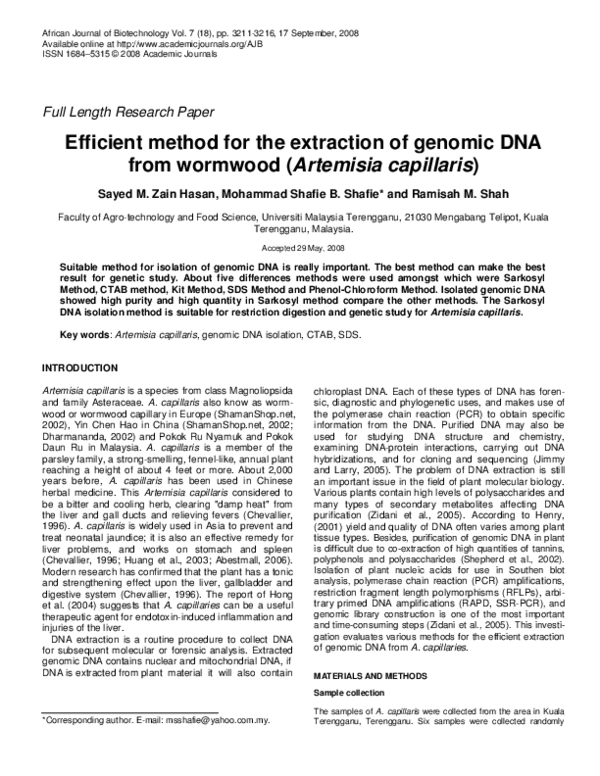 (PDF) Efficient method for the extraction of genomic DNA from wormwood ...