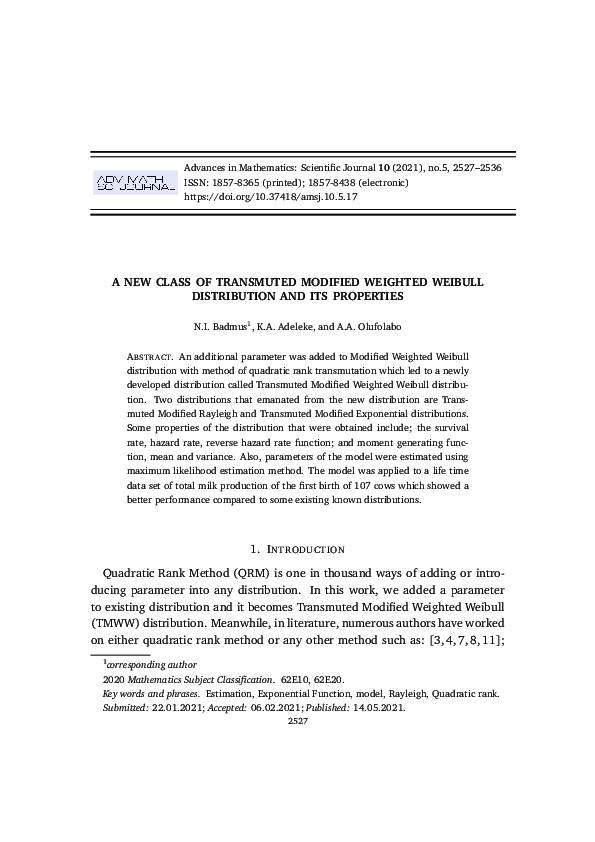 (PDF) A NEW CLASS OF TRANSMUTED MODIFIED WEIGHTED WEIBULL DISTRIBUTION ...