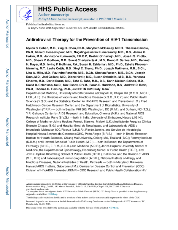 (PDF) Antiretroviral Therapy for the Prevention of HIV-1 Transmission