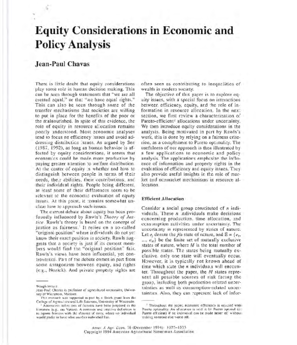 (PDF) Equity Considerations in Economic and Policy Analysis