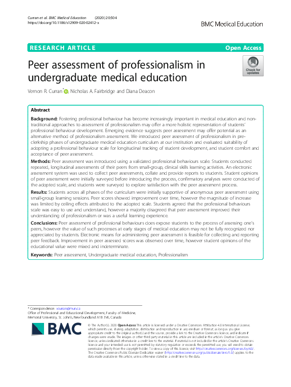 (PDF) Peer assessment of professionalism in undergraduate medical education