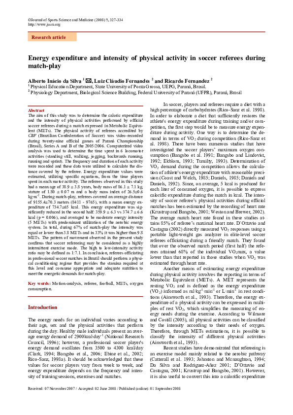 (PDF) Energy expenditure and intensity of physical activity in soccer ...