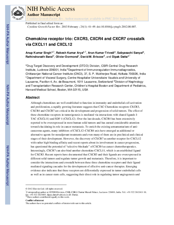 (PDF) Chemokine receptor trio: CXCR3, CXCR4 and CXCR7 crosstalk via ...