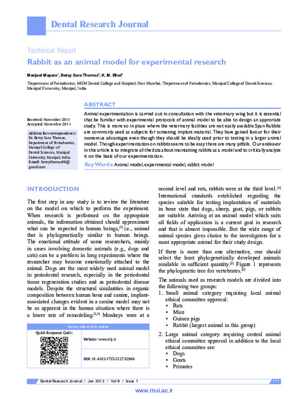 (PDF) Rabbit as an animal model for experimental research betsy