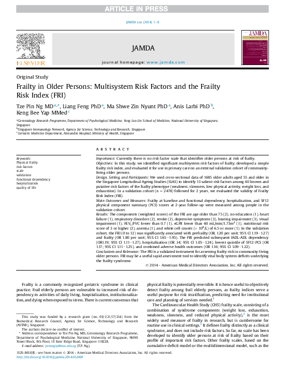(PDF) Frailty in Older Persons: Multisystem Risk Factors and the ...