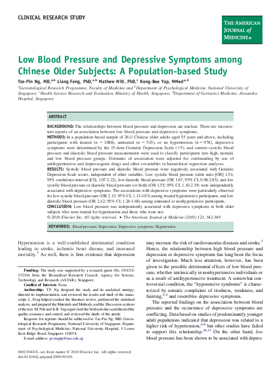 (PDF) Low Blood Pressure and Depressive Symptoms among Chinese Older ...