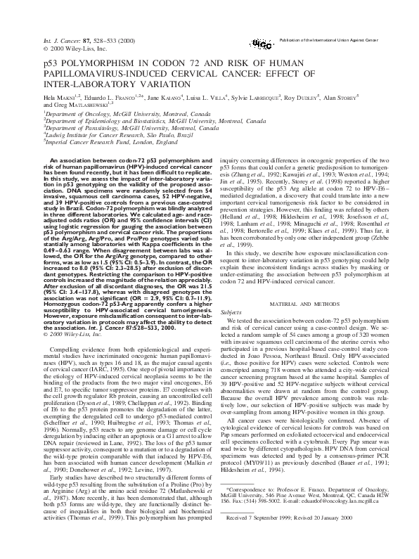 (PDF) P53 Polymorphism in Codon 72 and Risk of Human Papillomavirus ...