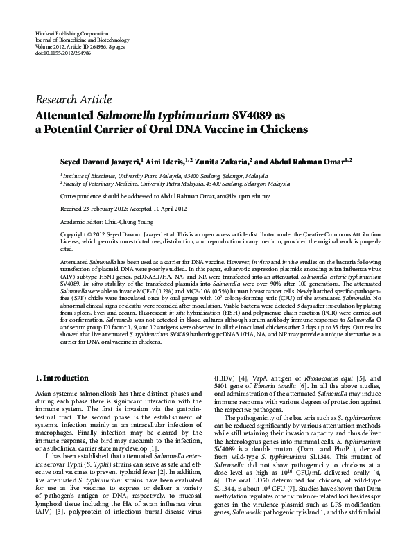 (PDF) Attenuated Salmonella typhimurium SV4089 as a Potential Carrier ...
