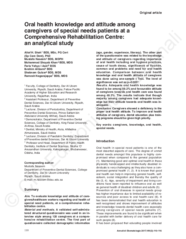 (PDF) Oral health knowledge and attitude among caregivers of special ...