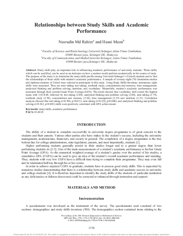 (PDF) Relationships between Study Skills and Academic Performance