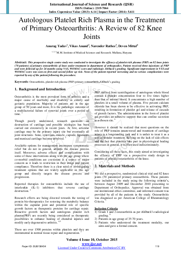 (PDF) Autologous Platelet Rich Plasma in the Treatment of Primary ...