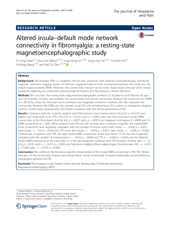 (PDF) Altered insula-default mode network connectivity in fibromyalgia ...