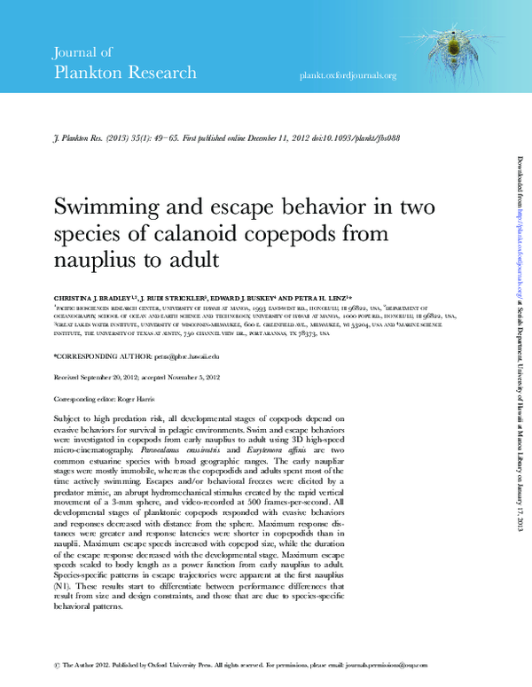 (PDF) Swimming and escape behavior in two species of calanoid copepods ...