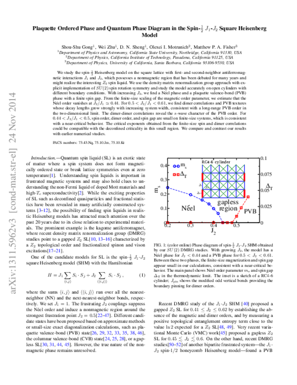 (PDF) Plaquette Ordered Phase and Quantum Phase Diagram in the Spin- 1 2