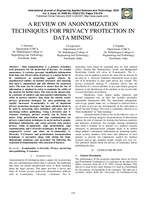 (PDF) A Review on Anonymization Techniques for Privacy Protection in ...