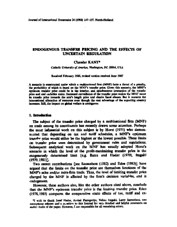 (PDF) Endogenous Transfer Pricing and the Effects of Uncertain Regulation