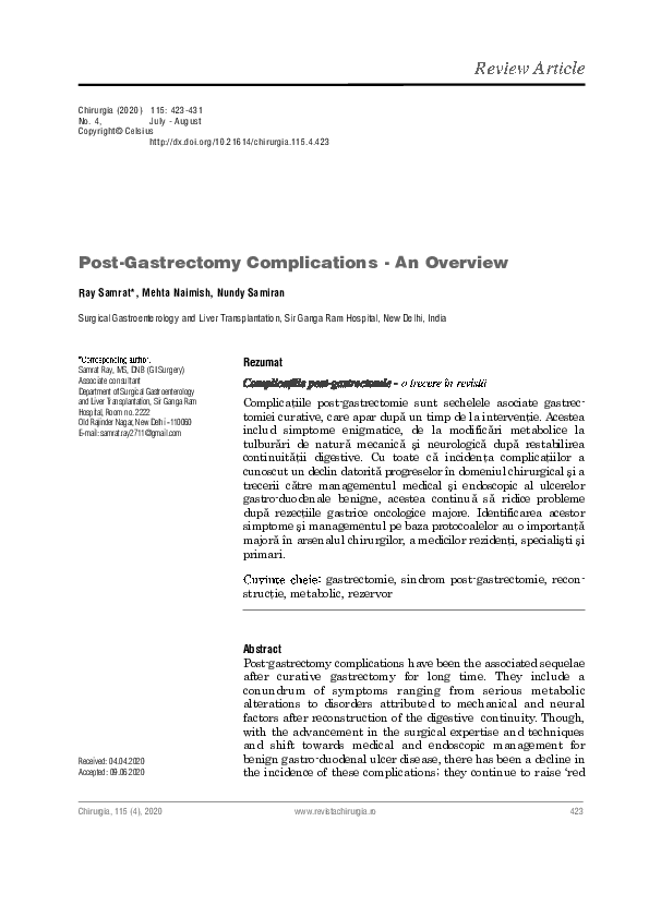 (PDF) PostGastrectomy Complications An Overview Samrat Ray